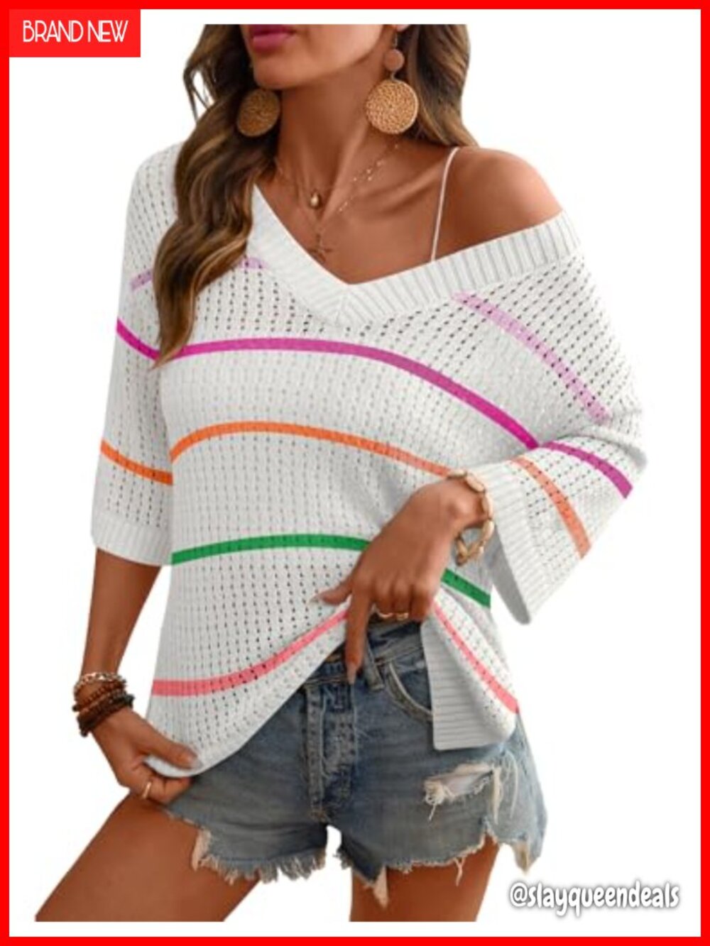 Women's Crochet V-Neck Beach Cover Up 3/4 Sleeve Hollow Out Knitted Pullover